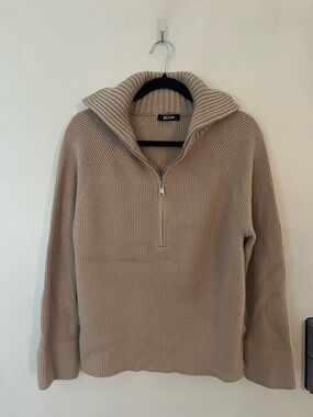 BTEM Women's Beige Ribbed Half-Zip Sweater